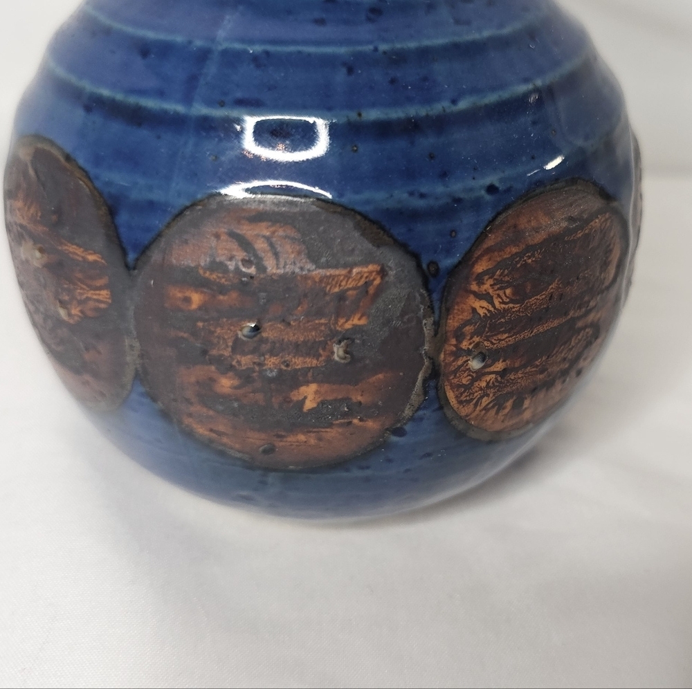 Otagiri OMC Japan Miniature Bud Vase Blue Brown Glazed Gold Sticker Vintage - Picture 6 of 9